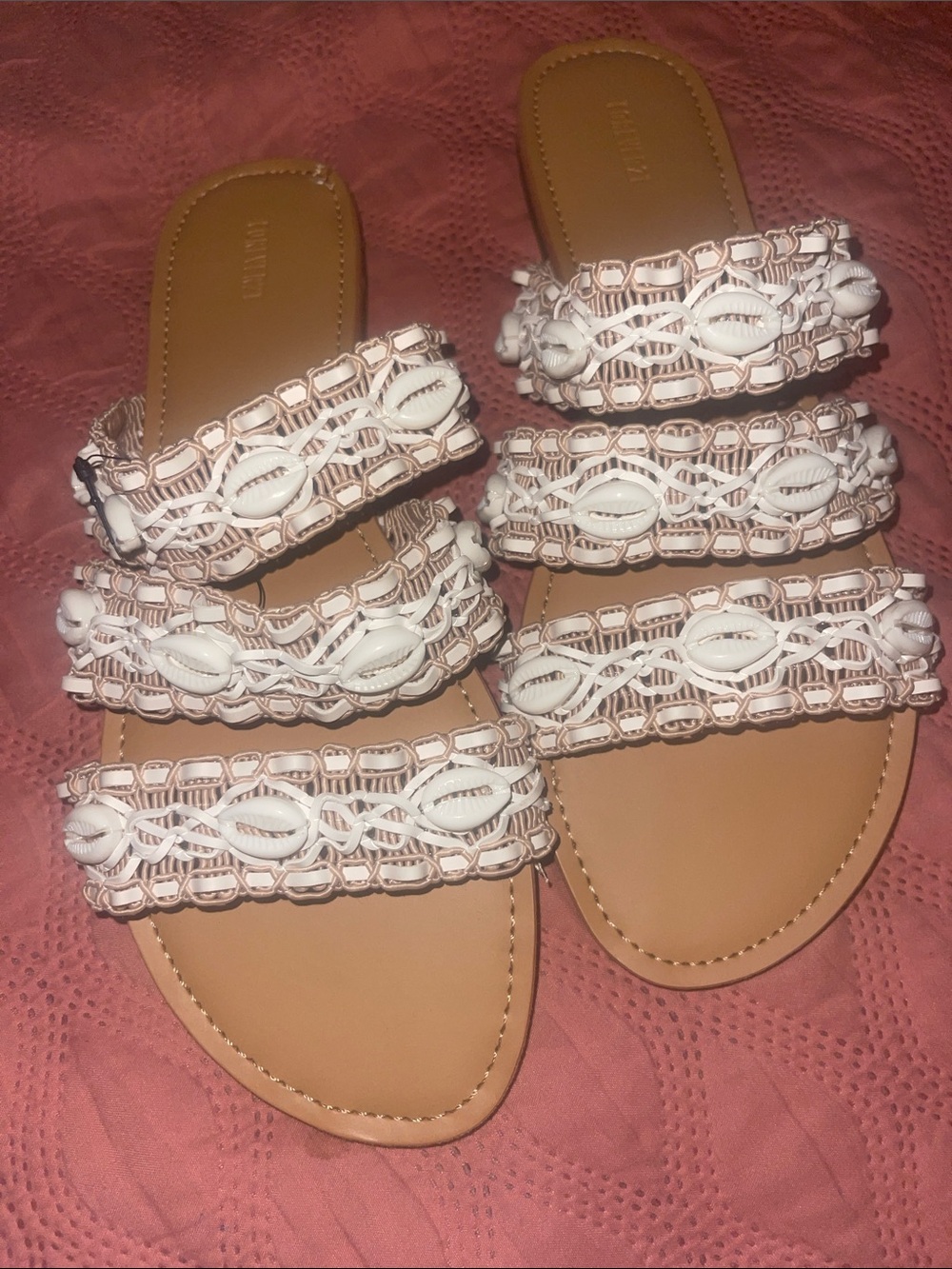 Forever 21 White Beaded Cowrie Strap Slide Sandals